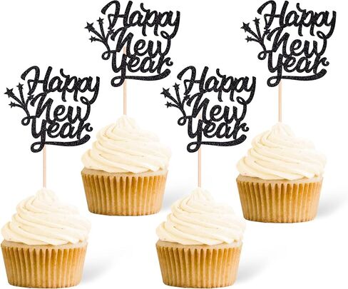 Gexolenu 24 Pcs New Year Cupcake Toppers - Gold Glitter 'Happy 2025', 'Cheers To 2025' Cake Picks For New Year Eve Party Decoration in Kuwait