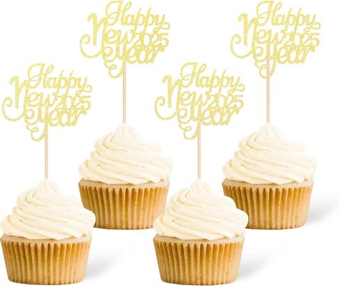 Gexolenu 24 Pcs New Year Cupcake Toppers - Gold Glitter 'Happy 2025', 'Cheers To 2025' Cake Picks For New Year Eve Party Decoration in Kuwait