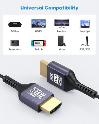 Thin HDMI Cable 6.6FT 8K Slim HDMI Cable, 48Gbps Ultra High Speed Flexible HDMI 2.1 Cord with 8K@60Hz, 4K@120Hz/60Hz, Dynamic HDR, eARC, 3D for Laptop, HDTV, Monitor, Projector, PS5/PS4, Xbox in Saudi Arabia