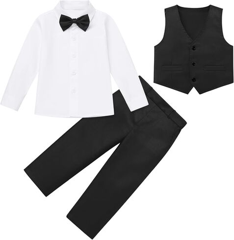 IDOPIP Toddler Kids Baby Boys Formal Suit Gentleman Outfit Long Sleeve Shirt with Bowtie + Vest + Pants Overalls Clothes 2-8T in Kuwait