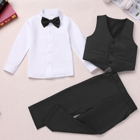 IDOPIP Toddler Kids Baby Boys Formal Suit Gentleman Outfit Long Sleeve Shirt with Bowtie + Vest + Pants Overalls Clothes 2-8T in Kuwait