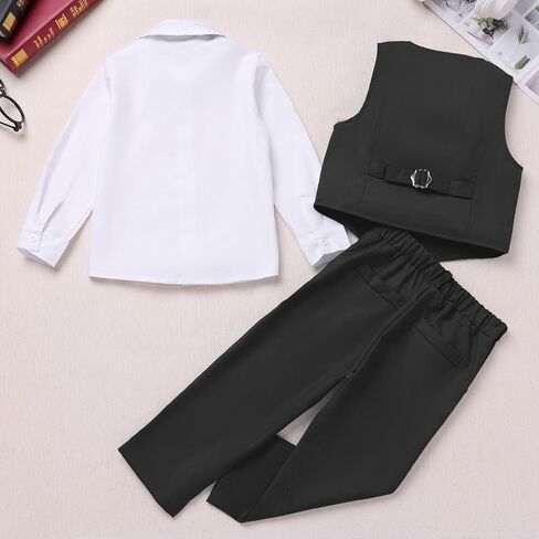 IDOPIP Toddler Kids Baby Boys Formal Suit Gentleman Outfit Long Sleeve Shirt with Bowtie + Vest + Pants Overalls Clothes 2-8T in Kuwait