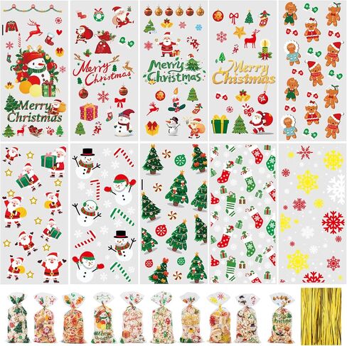 Aubeco 120Pcs Christmas Treat Bags, 10 Style Pattern Clear Cellophane Candy Bags with Gold Twist Ties for Party, Snacks, Cookie Packing in Kuwait