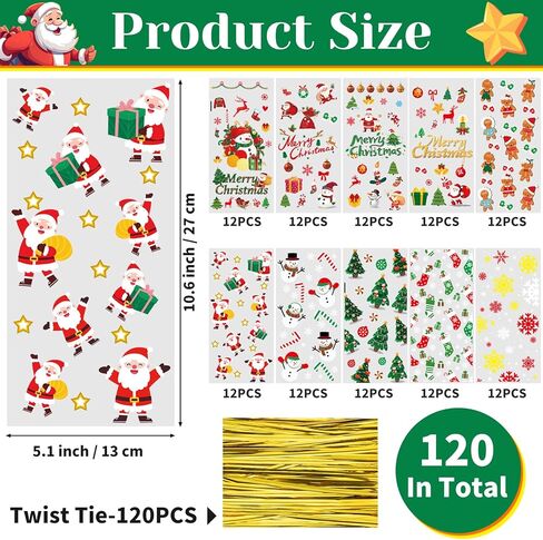 Aubeco 120Pcs Christmas Treat Bags, 10 Style Pattern Clear Cellophane Candy Bags with Gold Twist Ties for Party, Snacks, Cookie Packing in Kuwait