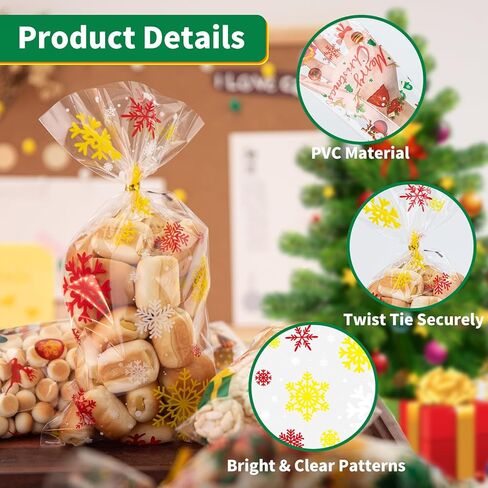 Aubeco 120Pcs Christmas Treat Bags, 10 Style Pattern Clear Cellophane Candy Bags with Gold Twist Ties for Party, Snacks, Cookie Packing in Kuwait