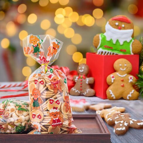 Aubeco 120Pcs Christmas Treat Bags, 10 Style Pattern Clear Cellophane Candy Bags with Gold Twist Ties for Party, Snacks, Cookie Packing in Kuwait