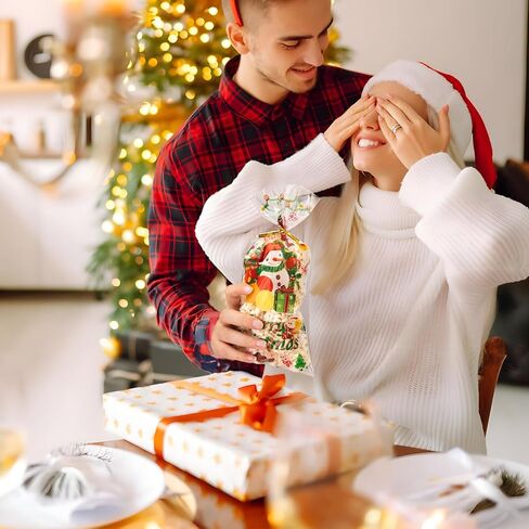 Aubeco 120Pcs Christmas Treat Bags, 10 Style Pattern Clear Cellophane Candy Bags with Gold Twist Ties for Party, Snacks, Cookie Packing in Kuwait