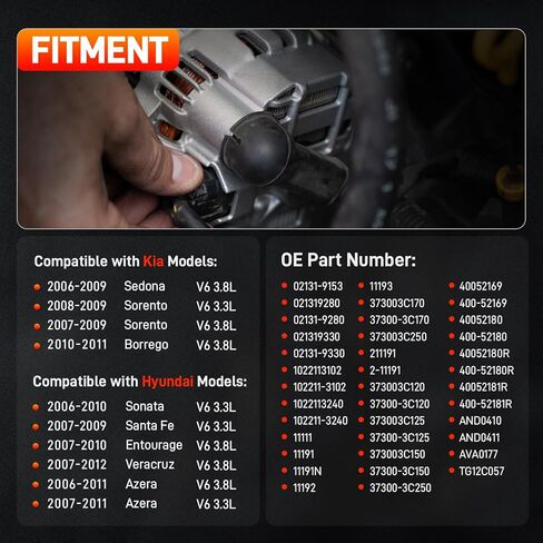 استبدال المولد الجديد متوافق مع 2006-2012 Kia Hyundai V6 3.3 3.8L يناسب 06-11 Azera 06-10 Santa Fe Sonata 07-10 Entourage Veracruz 07-09 Kia Sorento 06-09 Sedona 10-11 Borrego OE 11191N in Kuwait
