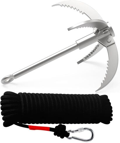 Ant Mag Grappling Hook Stainless Steel Claw Carabiner, 8mm 65ft Black Rope | Auxiliary Rope for Camping, Hiking, Tree Grabbing, Water Lifting, Salvage, Heavy Duty Outdoor Rescue Gear in Kuwait