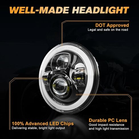 مصباح أمامي LED للدراجة النارية مقاس 7 بوصات DRL White Halo DOT Kit متوافق مع Harley Davidson Fat Boy Street Glide Heritage Softail Road King Electra Glide (أسود) in Kuwait