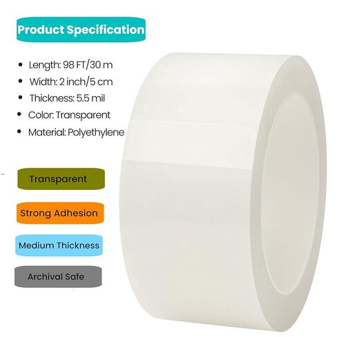 Clear Book Repair Tape 2 in x 1180 in Medium Thickness Strong Adhesive Flexible Transparent Book Binding Tape for Reinforcing Book Spines and Covers, Torn Pages, Durable, Archival Safe, Stretchable in Kuwait
