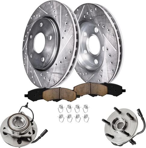 Detroit Axle Replacement for Dodge Dakota/Mitsubishi Raider Front Drilled & Slotted Disc Brake Rotor Pad + Wheel Hub Bearing w/ABS - 6pc Set in Saudi Arabia