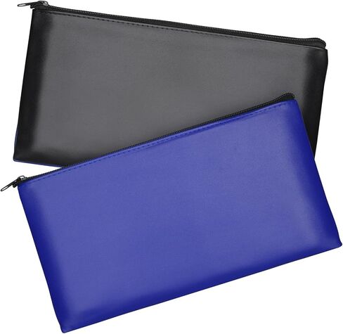 2 Pack Money Bags, Zipper Bank Deposit Bag, PU Leather Cash and Coin Pouch, Cash Register Bag 11x6.1 inch Black+Blue in Saudi Arabia