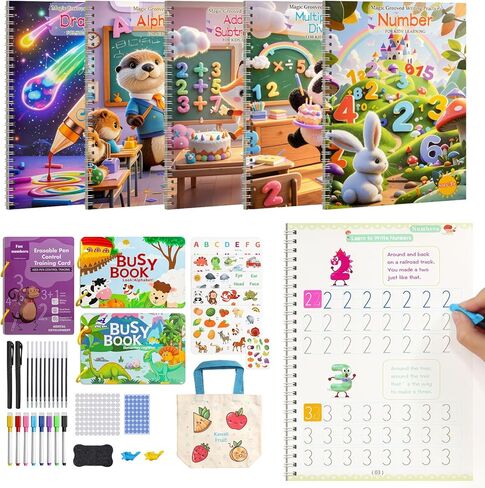 Magic Grooved Writing Practice Book Set, Reusable Handwriting Workbook for Kid Age 3-5, Toddler Busy Book, Preschool Learning Activity, Stocking Stuffer, Kindergarten Pre School Girl Boy Children Gift in Saudi Arabia