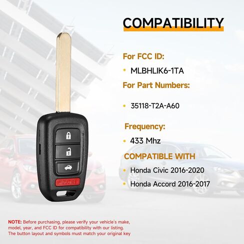 Key Fob Replacement Fits for Honda Civic 2016 2017 2018 2019 2020 Honda Accord 2016-2017 Proximity Keyless Entry Remote Control 433 Mhz MLBHLIK6-1TA 35118-T2A-A60 in Saudi Arabia