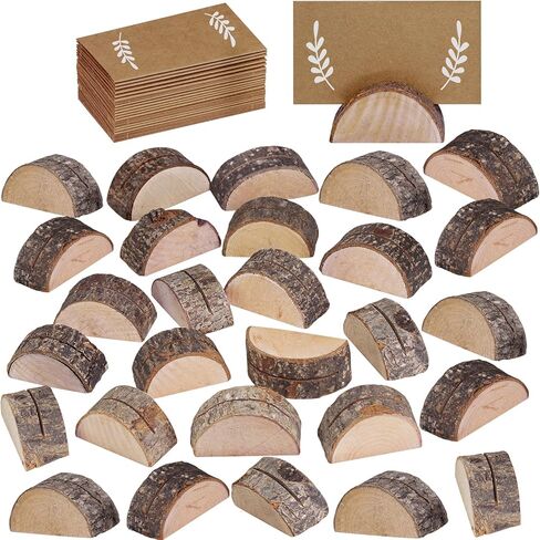 30 Pcs Rustic Wood Wedding Place Card Holders with 32 Pcs Kraft Tented Cards Half-Round Table Numbers Holder Stand Wooden Memo Holder Card Photo Picture Note Clip Holders Escort Card Holder in Saudi Arabia