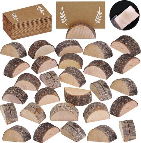 30 Pcs Rustic Wood Wedding Place Card Holders with 32 Pcs Kraft Tented Cards Half-Round Table Numbers Holder Stand Wooden Memo Holder Card Photo Picture Note Clip Holders Escort Card Holder in Saudi Arabia