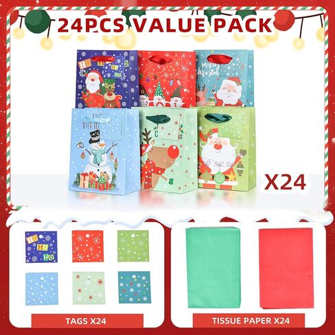BEAVOING 24 Pack Christmas Gift Bags with Handles，9x7x3.9 inch Christmas Treat Bags With Tissue Papers, Small Goody Bag For Xmas Presents Winter Holiday Party Favors in Kuwait