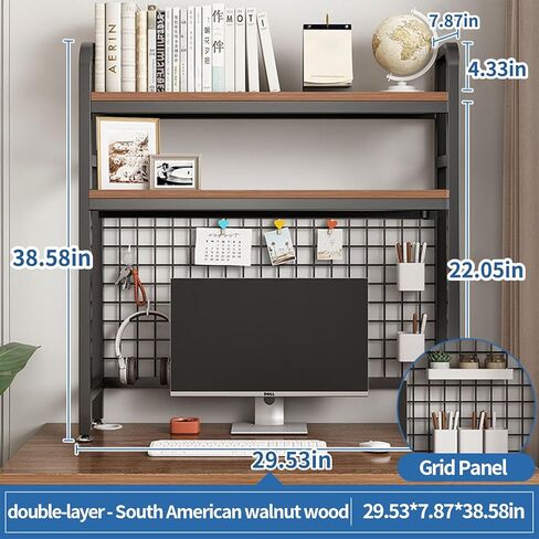 Desk Shelf Bookcase 2-Tier Metal Desktop Bookshelf Hutch with Grid Panel and DIY design possible Multipurpose Storage Organizer Display Rack for Dorm Office Home Computer Desk(Black 29.5"×7.9"×38.6") in Saudi Arabia