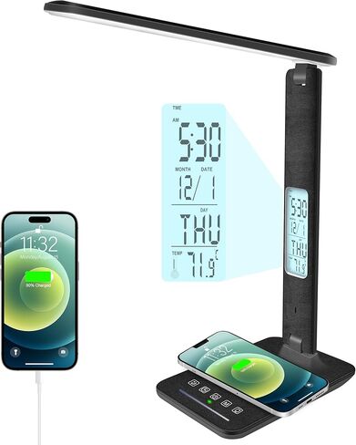 Desk Lamp with Wireless Charger, USB Charging Port, Dimmable Office Desk Light with Clock, Alarm, Date, Temperature, Foldable Lamp for Table Bedroom Bedside Office (White) in Saudi Arabia