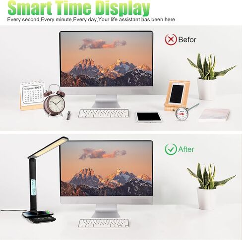 Desk Lamp with Wireless Charger, USB Charging Port, Dimmable Office Desk Light with Clock, Alarm, Date, Temperature, Foldable Lamp for Table Bedroom Bedside Office (White) in Saudi Arabia