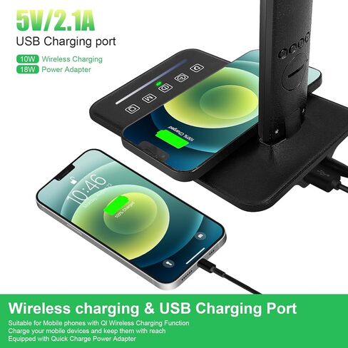 Desk Lamp with Wireless Charger, USB Charging Port, Dimmable Office Desk Light with Clock, Alarm, Date, Temperature, Foldable Lamp for Table Bedroom Bedside Office (White) in Saudi Arabia