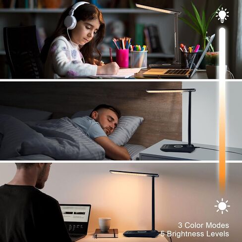 Desk Lamp with Wireless Charger, USB Charging Port, Dimmable Office Desk Light with Clock, Alarm, Date, Temperature, Foldable Lamp for Table Bedroom Bedside Office (White) in Saudi Arabia