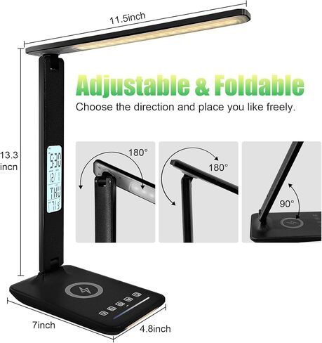 Desk Lamp with Wireless Charger, USB Charging Port, Dimmable Office Desk Light with Clock, Alarm, Date, Temperature, Foldable Lamp for Table Bedroom Bedside Office (White) in Saudi Arabia