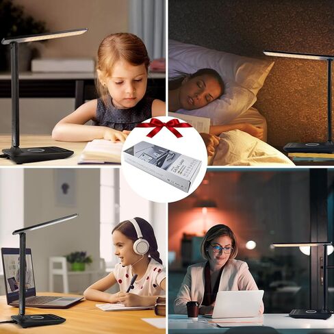 Desk Lamp with Wireless Charger, USB Charging Port, Dimmable Office Desk Light with Clock, Alarm, Date, Temperature, Foldable Lamp for Table Bedroom Bedside Office (White) in Saudi Arabia