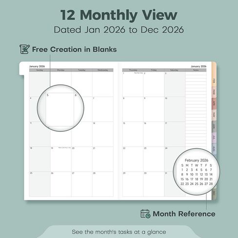 مخطط 2026 أسبوعيًا وشهريًا، يناير 2026 - ديسمبر 2026، تقويم بغلاف صلب من الكتان 2026 جدول أعمال مخطط يومي لقائمة المهام مع علامات تبويب شهرية، 6 بوصة × 8.3 بوصة، عاجي أنيق in Kuwait