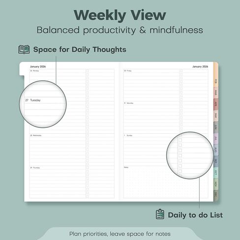 مخطط 2026 أسبوعيًا وشهريًا، يناير 2026 - ديسمبر 2026، تقويم بغلاف صلب من الكتان 2026 جدول أعمال مخطط يومي لقائمة المهام مع علامات تبويب شهرية، 6 بوصة × 8.3 بوصة، عاجي أنيق in Kuwait
