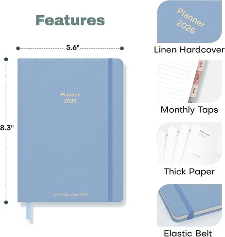 مخطط 2026 أسبوعيًا وشهريًا، يناير 2026 - ديسمبر 2026، تقويم بغلاف صلب من الكتان 2026 جدول أعمال مخطط يومي لقائمة المهام مع علامات تبويب شهرية، 6 بوصة × 8.3 بوصة، عاجي أنيق in Kuwait