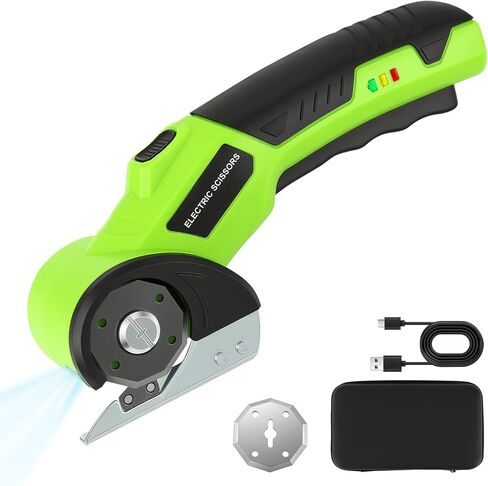 قاطعة كرتون لاسلكية مع قفل أمان وإضاءة LED - قابلة للشحن 4 فولت، شفرة إضافية متضمنة، قاطعة صندوق كهربائي للكرتون، قاطعة دوارة للنسيج لتغليف الورق والسجاد والجلود in Kuwait