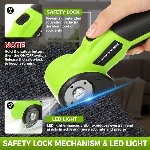 قاطعة كرتون لاسلكية مع قفل أمان وإضاءة LED - قابلة للشحن 4 فولت، شفرة إضافية متضمنة، قاطعة صندوق كهربائي للكرتون، قاطعة دوارة للنسيج لتغليف الورق والسجاد والجلود in Kuwait