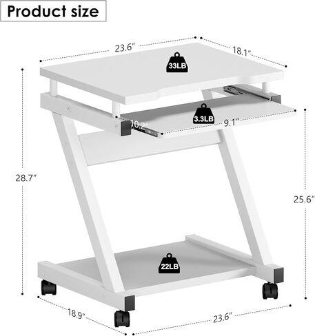 SogesHome 23.6inches Mobile Laptop Desk, Bed Table Portable Computer Desk with Lockable Wheels, Rolling Computer Cart with Keyboard Tray, Black in Kuwait