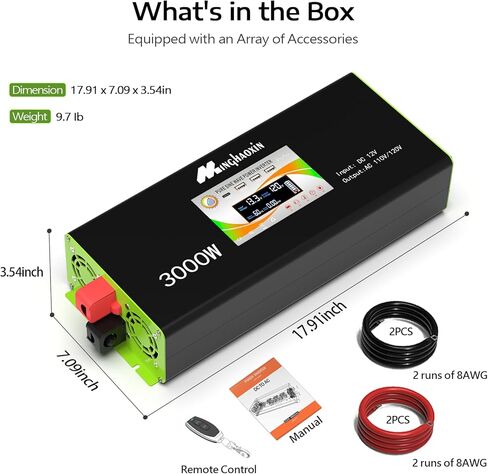 عاكس طاقة موجة جيبية نقية 3000 واط، 12 فولت تيار مستمر إلى 110/120 فولت تيار متردد، 4 منافذ تيار متردد، 3 منافذ USB + 1 USB c، شاشة LCD وجهاز تحكم عن بعد، مراوح تبريد مزدوجة، للمركبات الترفيهية والشاحنات والمنزل والنظام الشمسي خارج الشبكة in Kuwait