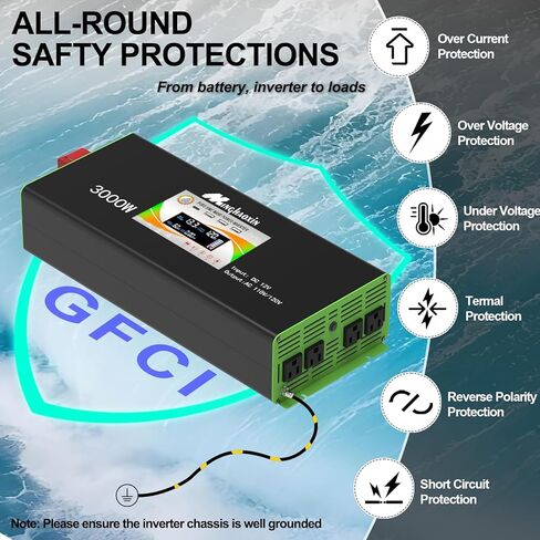 عاكس طاقة موجة جيبية نقية 3000 واط، 12 فولت تيار مستمر إلى 110/120 فولت تيار متردد، 4 منافذ تيار متردد، 3 منافذ USB + 1 USB c، شاشة LCD وجهاز تحكم عن بعد، مراوح تبريد مزدوجة، للمركبات الترفيهية والشاحنات والمنزل والنظام الشمسي خارج الشبكة in Kuwait