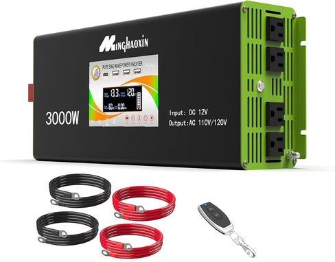 عاكس طاقة موجة جيبية نقية 3000 واط، 12 فولت تيار مستمر إلى 110/120 فولت تيار متردد، 4 منافذ تيار متردد، 3 منافذ USB + 1 USB c، شاشة LCD وجهاز تحكم عن بعد، مراوح تبريد مزدوجة، للمركبات الترفيهية والشاحنات والمنزل والنظام الشمسي خارج الشبكة in Kuwait