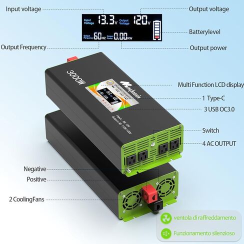 عاكس طاقة موجة جيبية نقية 3000 واط، 12 فولت تيار مستمر إلى 110/120 فولت تيار متردد، 4 منافذ تيار متردد، 3 منافذ USB + 1 USB c، شاشة LCD وجهاز تحكم عن بعد، مراوح تبريد مزدوجة، للمركبات الترفيهية والشاحنات والمنزل والنظام الشمسي خارج الشبكة in Kuwait