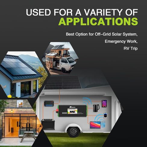 عاكس طاقة موجة جيبية نقية 3000 واط، 12 فولت تيار مستمر إلى 110/120 فولت تيار متردد، 4 منافذ تيار متردد، 3 منافذ USB + 1 USB c، شاشة LCD وجهاز تحكم عن بعد، مراوح تبريد مزدوجة، للمركبات الترفيهية والشاحنات والمنزل والنظام الشمسي خارج الشبكة in Kuwait