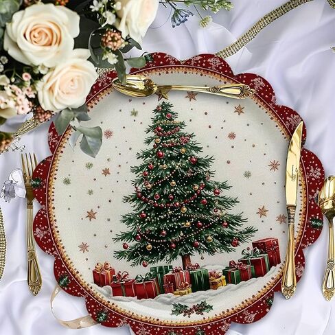 4pcs Linen Round Table Mats - Christmas Tree Snowflake Gift Pattern, Colorful Festive Print Holiday Kitchen & Dining Decor, Hand Wash Only in Saudi Arabia