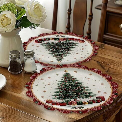 4pcs Linen Round Table Mats - Christmas Tree Snowflake Gift Pattern, Colorful Festive Print Holiday Kitchen & Dining Decor, Hand Wash Only in Saudi Arabia