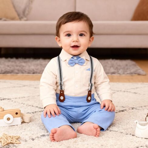 Baby Boy Clothes Gentleman Outfits Infant Bodysuit Long Sleeve Shirt with Bowtie Suspender Pants Suits Set 0-18M in Saudi Arabia