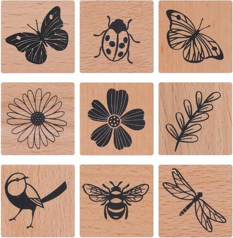 9 PCS Vintage Wood Rubber Stamps for Crafting (Butterfly Bird Ladybird Dragonflies Honeybee Flower and Plant), Wooden Scrapbooking Stamps Set Ink Rubber Wooden Stamp Craft Stamp DIY Art and Journals in Kuwait