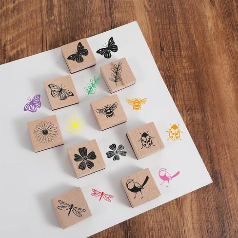 9 PCS Vintage Wood Rubber Stamps for Crafting (Butterfly Bird Ladybird Dragonflies Honeybee Flower and Plant), Wooden Scrapbooking Stamps Set Ink Rubber Wooden Stamp Craft Stamp DIY Art and Journals in Kuwait