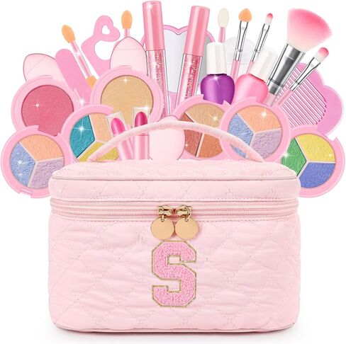 Kids Washable Makeup Set for Girls - 29Pcs Real Non-Toxic Play Make Up Kit Toys with Letter Cosmetic Bag - Dress Up Birthday Gifts for Toddler Age 3 4 5 6 7 8 9 10 Years Old Vanity Set - A in Saudi Arabia