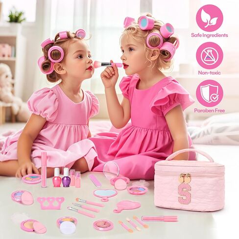 Kids Washable Makeup Set for Girls - 29Pcs Real Non-Toxic Play Make Up Kit Toys with Letter Cosmetic Bag - Dress Up Birthday Gifts for Toddler Age 3 4 5 6 7 8 9 10 Years Old Vanity Set - A in Saudi Arabia