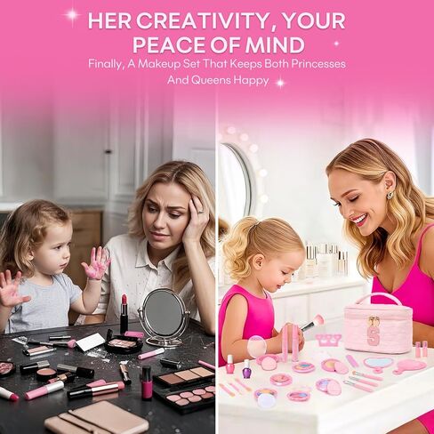 Kids Washable Makeup Set for Girls - 29Pcs Real Non-Toxic Play Make Up Kit Toys with Letter Cosmetic Bag - Dress Up Birthday Gifts for Toddler Age 3 4 5 6 7 8 9 10 Years Old Vanity Set - A in Saudi Arabia
