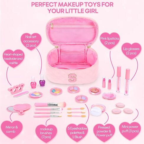 Kids Washable Makeup Set for Girls - 29Pcs Real Non-Toxic Play Make Up Kit Toys with Letter Cosmetic Bag - Dress Up Birthday Gifts for Toddler Age 3 4 5 6 7 8 9 10 Years Old Vanity Set - A in Saudi Arabia