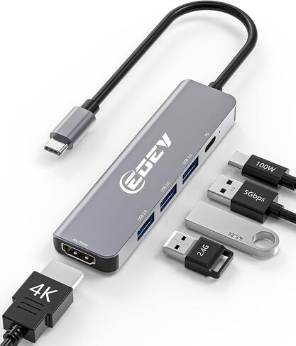 محول USB C Hub متعدد المنافذ 5 في 1 USB A 3.0 منافذ بيانات 5 جيجابت في الثانية، 2X USB A 2.0 مع شحن PD 100 واط، محول من النوع C إلى HDMI منافذ بيانات 4K@30 هرتز للكمبيوتر الشخصي وسطح المكتب وMac Book Air pro Dell والمزيد (فضي) in Kuwait